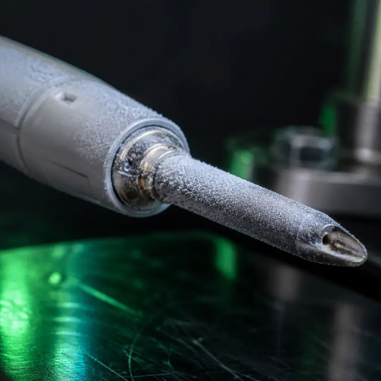Macro photograph of an aircraft pitot-static probe with a small heating element collar, frost on the probe body, dark engineering bench, green accent light reflections, no people faces, no text, no logos