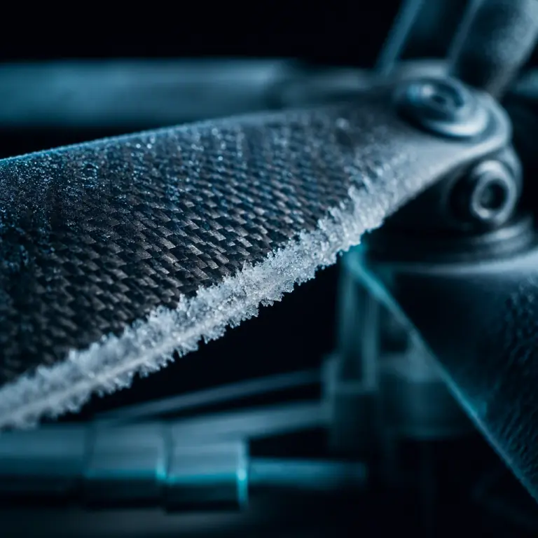 Extreme macro photograph of a UAV propeller blade with ice crystals forming along the leading edge, cold carbon fiber texture, dark background with blue-green accent lighting, no people faces, no text, no logos
