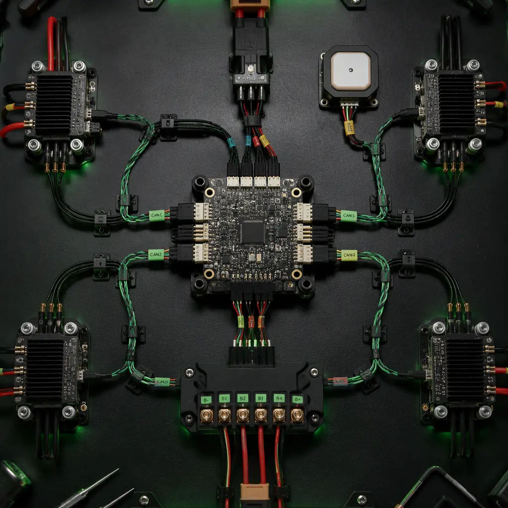 CAN bus wiring topology for UAV avionics — flight controller at center connected to four ESCs, GNSS module, payload controller and battery management system via twisted-pair CAN bus cable, each node labeled with its DroneCAN node ID, professional avionics system architecture diagram aesthetic
