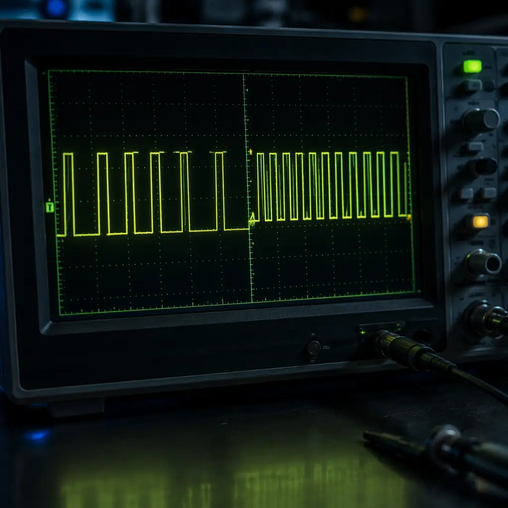 Oscilloscope screen capture showing PWM signal waveform transitioning to DShot digital packet on adjacent channel — analog pulse width vs digital serial frame comparison, green trace on dark background, electronics lab bench with flight controller and ESC test setup