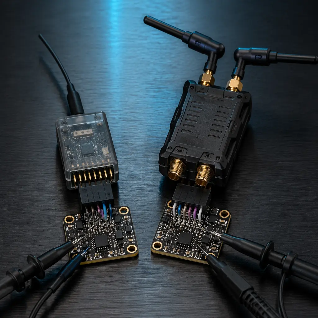 UAV radio receiver modules side by side on dark engineering surface — SBUS receiver with servo pin header and antenna, CRSF TBS Crossfire diversity receiver with dual antennas, oscilloscope showing decoded SBUS and CRSF serial frames, professional radio integration aesthetic
