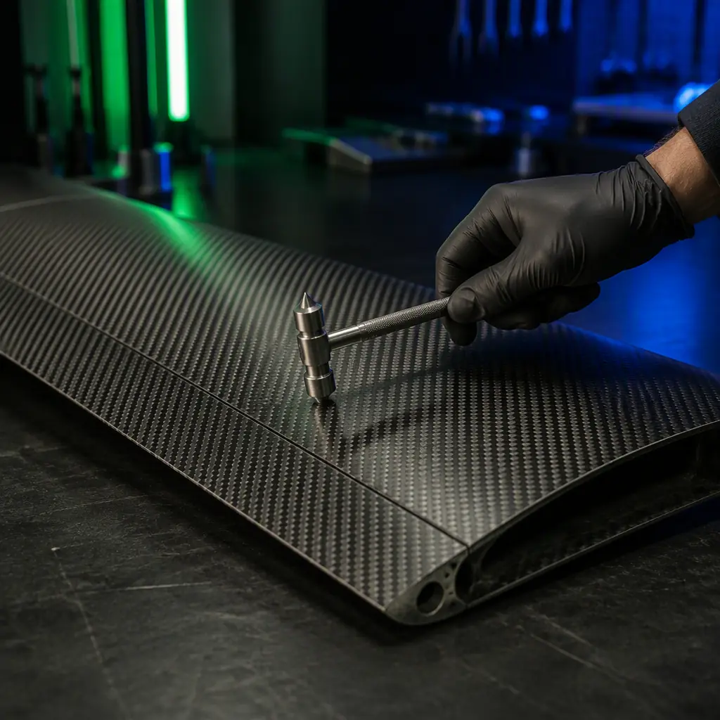 Technician performing tap testing on a carbon fiber UAV wing skin with a small inspection hammer, dark workshop bench with green accent light, focus on the composite surface, no people faces, no text, no logos