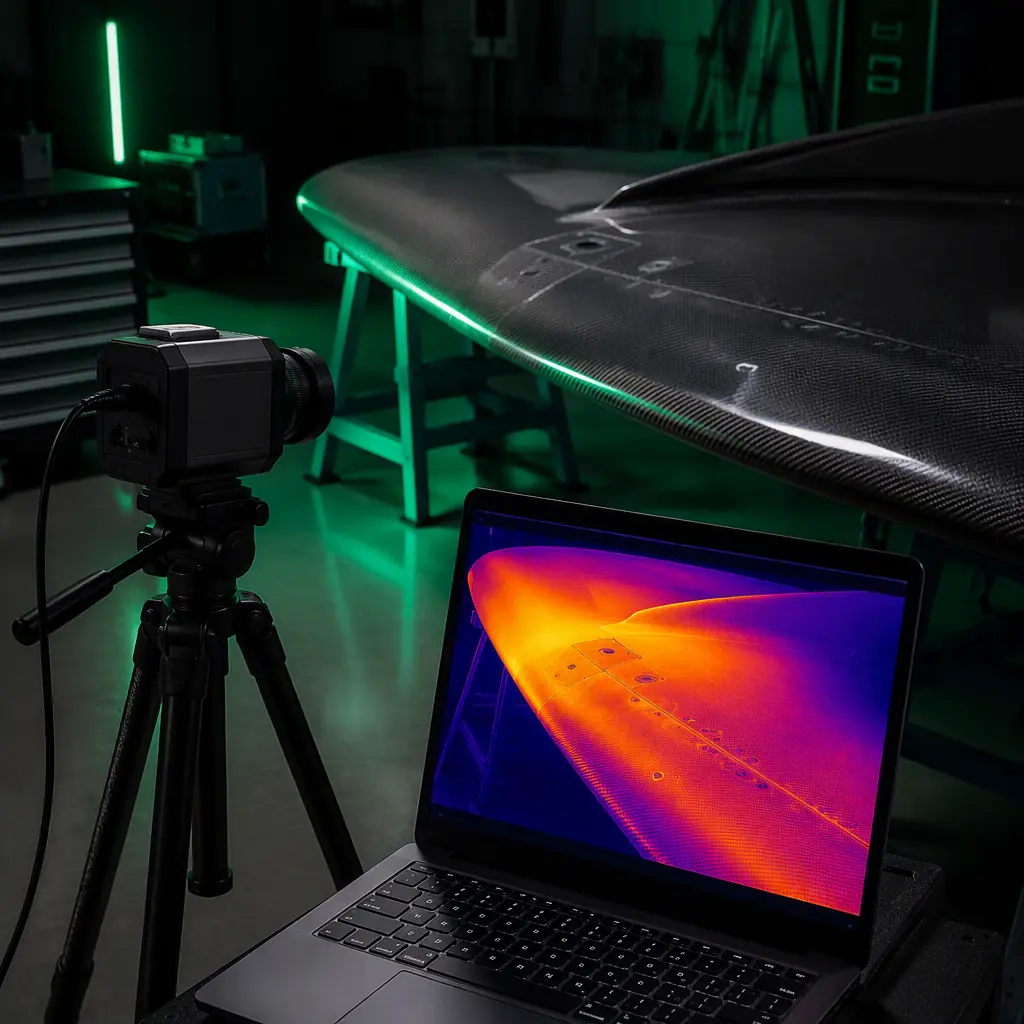 Thermography inspection of a carbon fiber UAV wing — infrared camera image displayed on a laptop beside the wing panel, heat signature gradient visible on the composite surface, dark workshop with green accent lighting, no people faces, no text, no logos