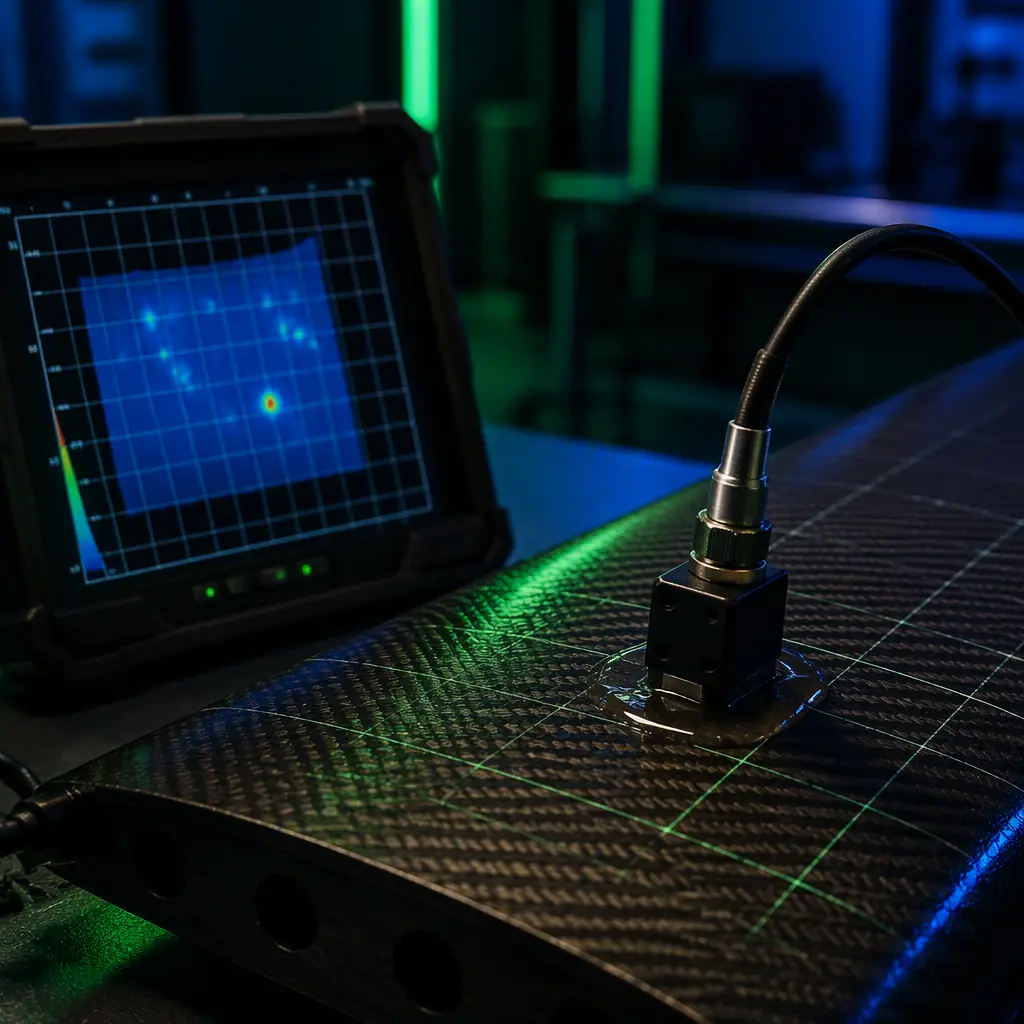 Ultrasonic C-scan inspection of a carbon fiber UAV wing panel with a manual probe and coupling gel, scan grid visible on the composite surface, dark workshop with green and blue accent lighting, no people faces, no text, no logos