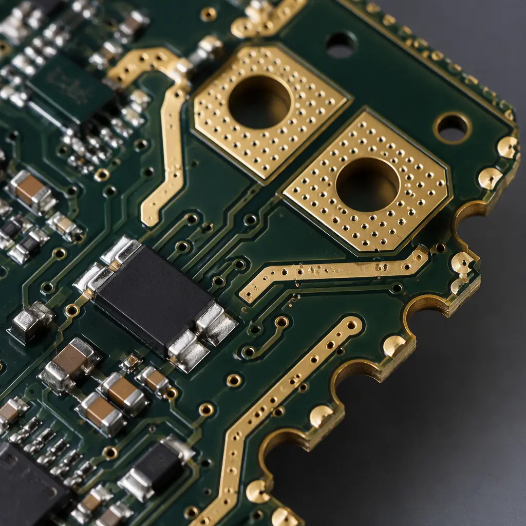 UAV power distribution board PCB design — 4-layer PDB with heavy copper traces, XT60 connector pads, ESC power output pads with castellated vias, current sense resistor, dark PCB with gold ENIG finish, professional electronics manufacturing photography