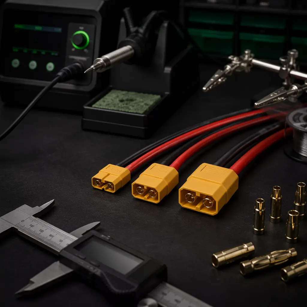 UAV power connectors — XT30, XT60, XT90 and MR30 connectors with various gauge silicone wire, gold-plated bullet connectors, soldering station with temperature-controlled iron, dark electronics workbench with green accent lighting