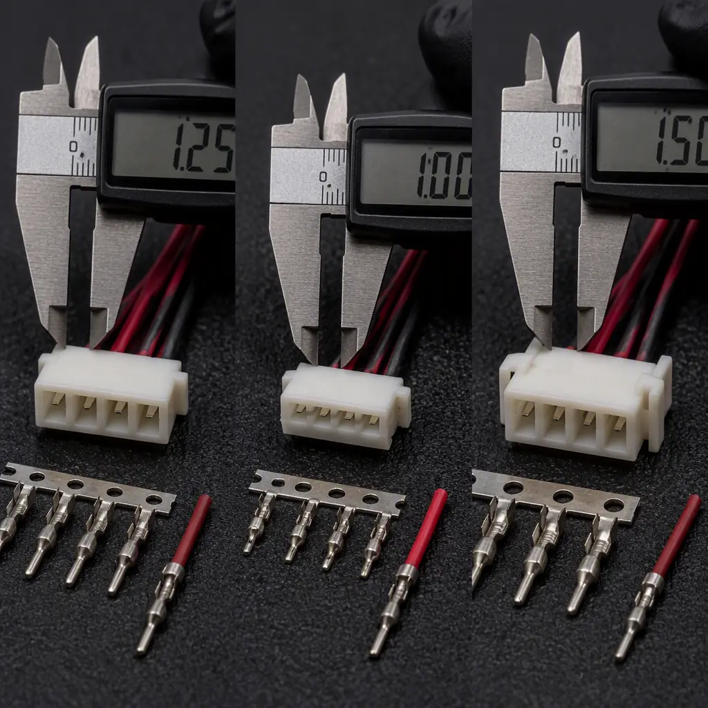 UAV signal connectors comparison — JST GH, SH, ZH, PH and Molex PicoBlade connectors arranged on dark engineering mat, calipers measuring pitch, crimp tool and terminals, connector kit with housing and pre-crimped leads, professional electronics assembly photography