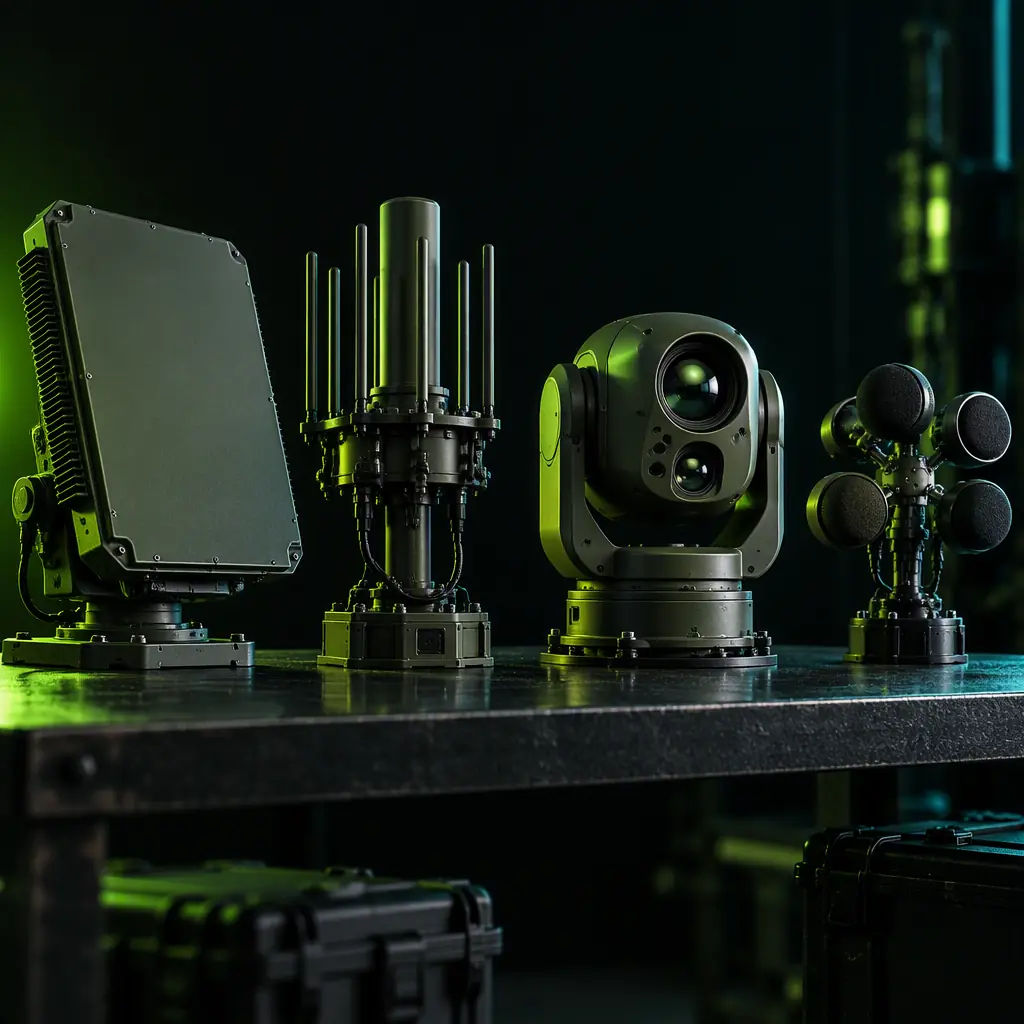 Photorealistic photograph of four separate counter-UAS sensor head units arranged on a dark engineering bench, a flat radar panel, an RF direction-finding antenna array, a gimballed EO/IR camera turret and a small acoustic sensor array, each lit from the side with teal and amber accent lighting, no people faces, no readable text, no logos