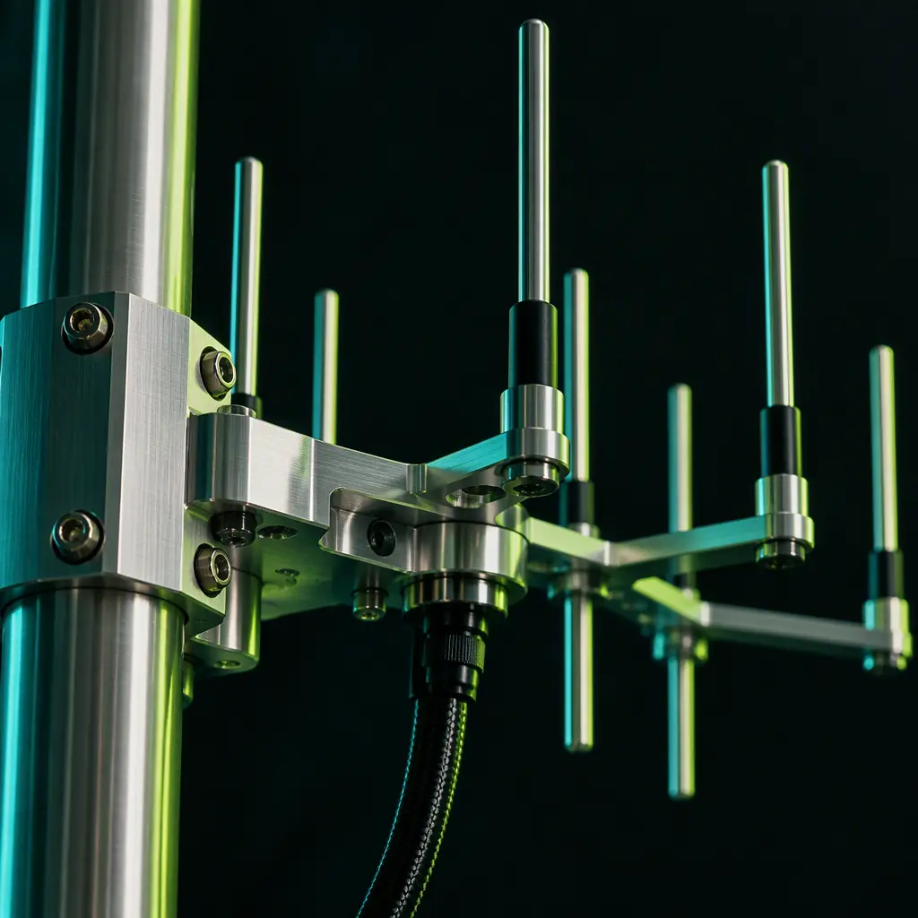 Photorealistic photograph of a multi-element RF direction-finding antenna array mounted on a mast bracket, showing the individual antenna elements and precision-machined mounting plate, against a dark textured background with teal accent lighting, no people faces, no readable text, no logos