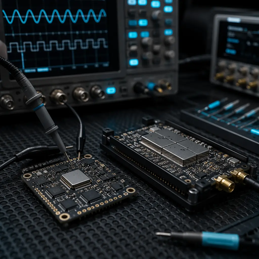 Tactical-grade MEMS IMU module next to software-defined radio receiver board for GNSS-denied navigation, dark engineering workbench with oscilloscope and test leads