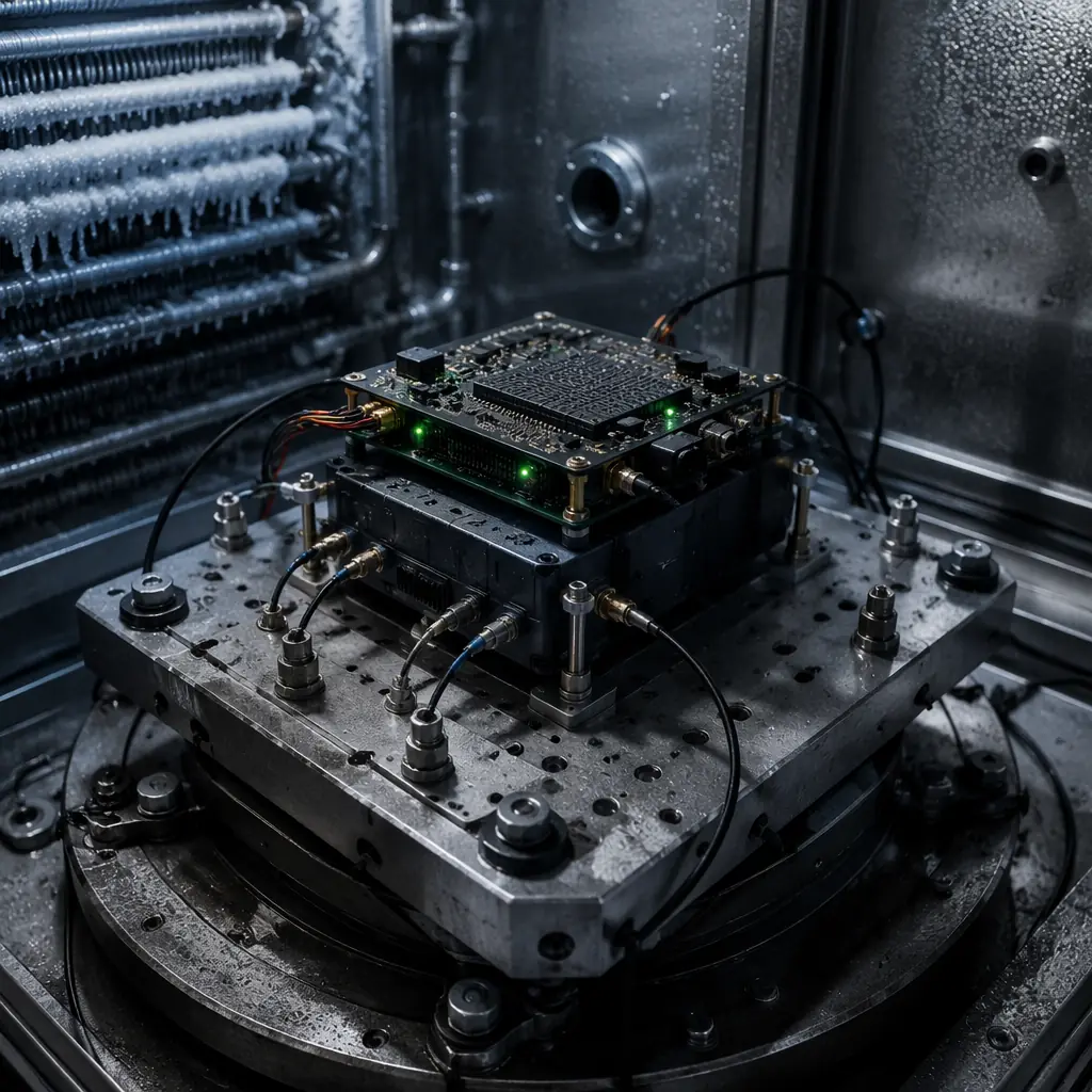 MIL-STD-810 tested UAV flight controller and ESC modules on vibration test fixture in environmental chamber, dark industrial testing lab aesthetic with green indicator status lights