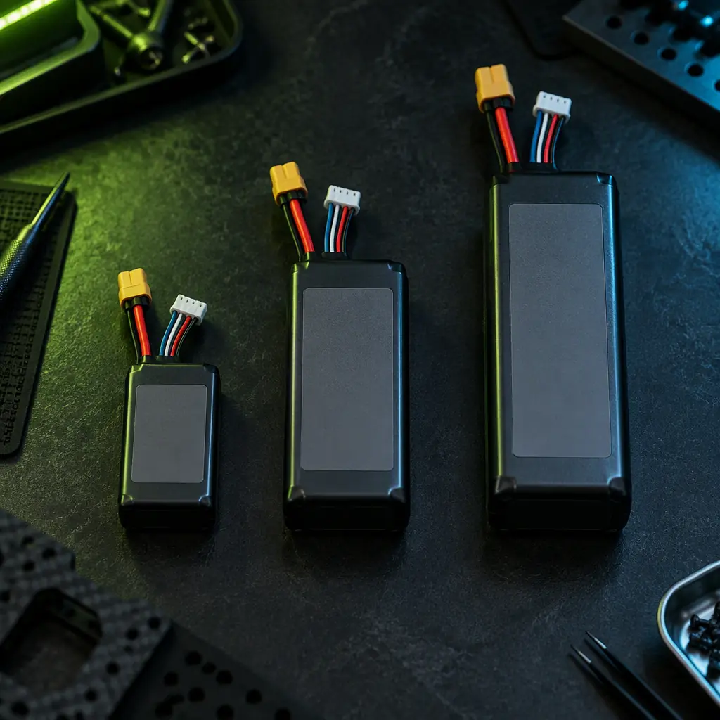 Macro photograph of three lithium polymer battery packs of increasing size on a dark inspection bench, each fully wrapped in rigid casing with balance leads and a label area, signal green accent light, no people faces, no text, no logos