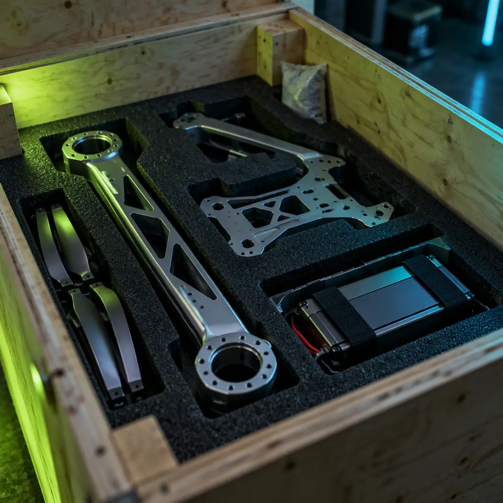 Interior view of a wooden export crate showing a foam-lined cavity with recessed cutouts holding aluminium UAV components and a battery pack tray, plywood walls, corner blocking and a desiccant sachet in the corner, dark industrial lighting with aero blue accent, no people faces, no text, no logos