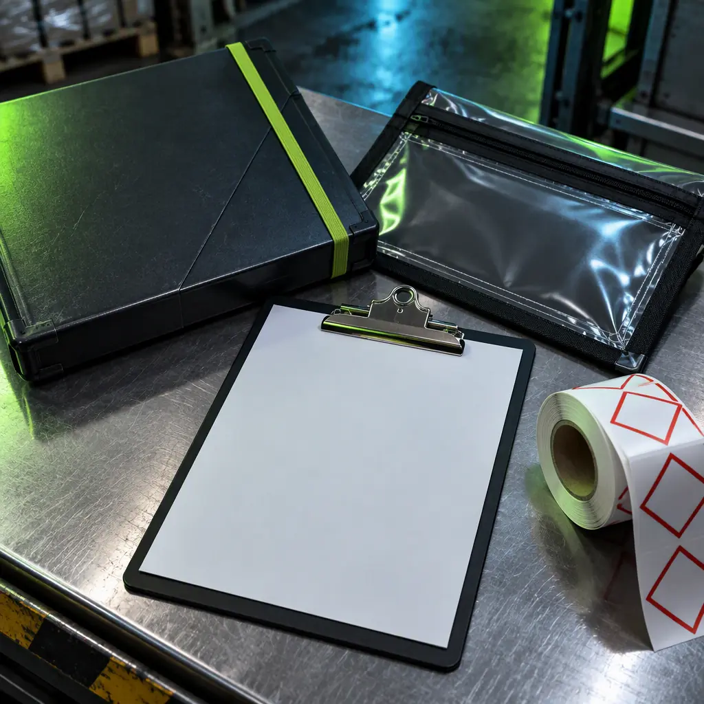 Close overhead photograph of a shipping documentation set on a steel dock surface, a rigid document folder, a clipboard with a packing list, heavy-duty document pouch and a roll of hazard labels, dark industrial lighting with signal green accent, no people faces, no readable text, no logos