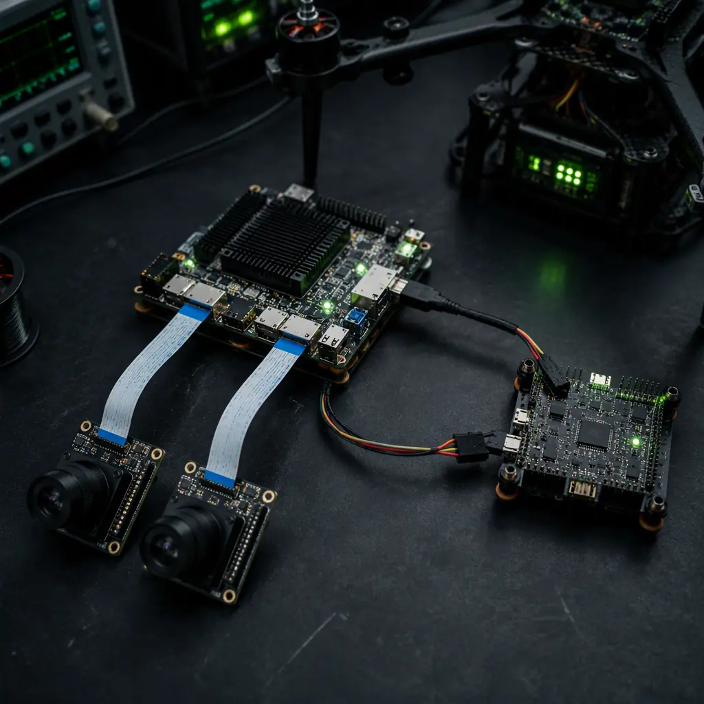 UAV edge AI system architecture — companion computer carrier board with Jetson module, Hailo M.2 accelerator, camera modules connected via MIPI CSI, serial link to flight controller, dark electronics lab, embedded systems development photography