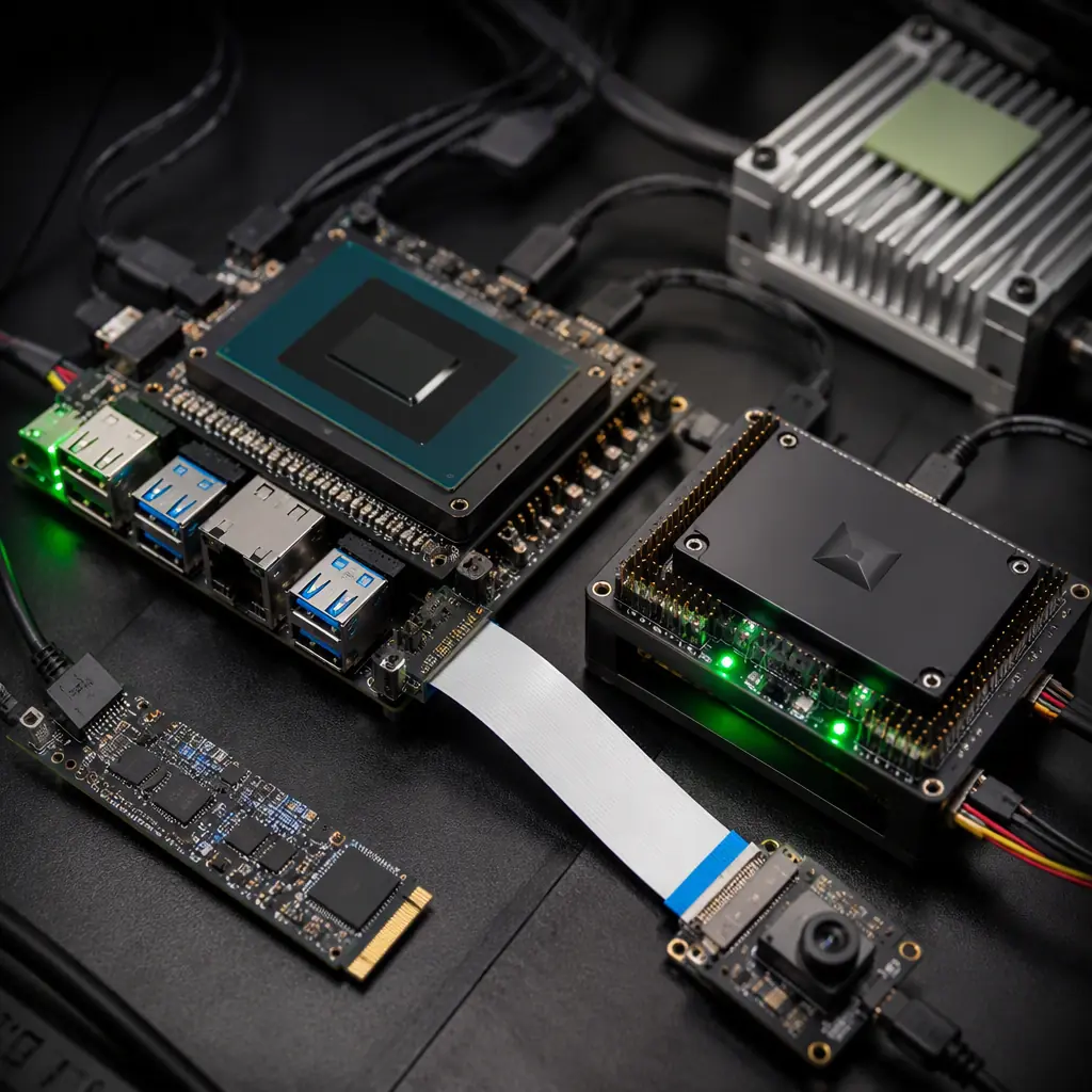 UAV companion computer hardware — NVIDIA Jetson Orin module on carrier board next to Pixhawk flight controller, M.2 AI accelerator card, camera module with MIPI ribbon cable, heatsink and thermal pad, dark electronics lab with green LED indicators, professional embedded systems photography