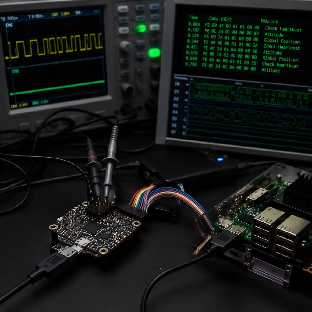UAV companion computer to flight controller integration — Jetson carrier board with serial cable connected to Pixhawk UART port, logic analyzer probing MAVLink data stream, oscilloscope monitoring signal integrity, dark electronics workbench with green accent lighting