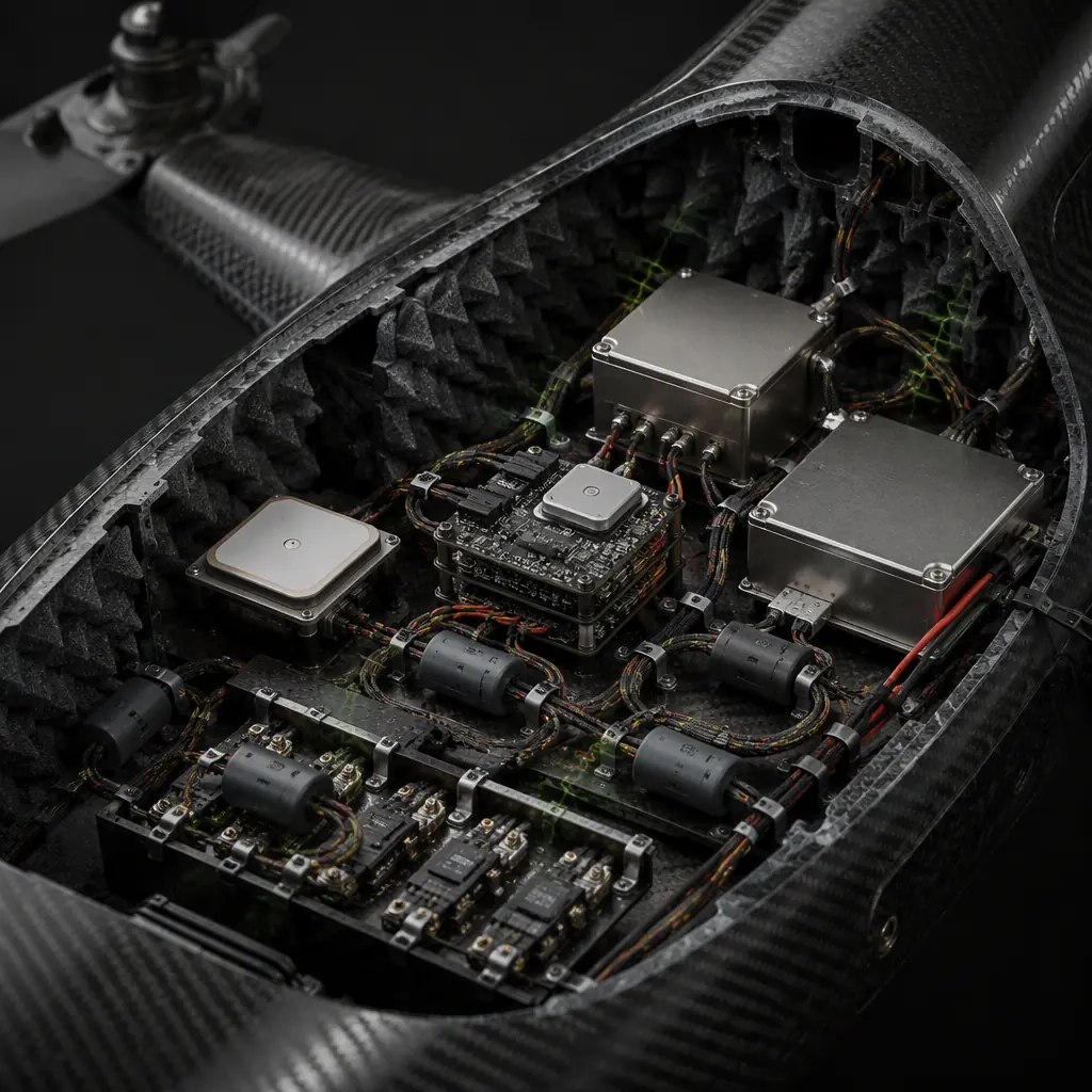 Photorealistic cutaway view of UAV avionics bay interior — flight controller, GPS module, telemetry radio, ESC and companion computer mounted on carbon fiber plate, wiring harness with ferrite chokes at connectors, absorber foam lining on interior walls, shielding cans over RF sections, dark technical cross-section aesthetic with subtle green highlight traces
