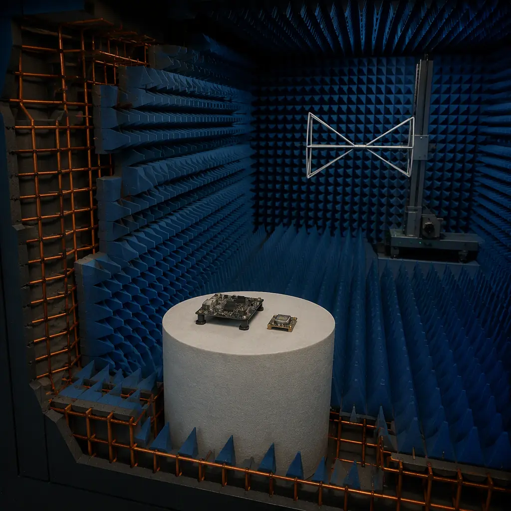 Photorealistic 3D render of a UAV avionics stack inside an anechoic EMC test chamber — flight controller, ESC and GPS module on a non-conductive test table, biconical antenna in the background, spectrum analyzer trace showing emissions curve, copper walls with ferrite tile absorber cones, dark technical lighting with green accent glow