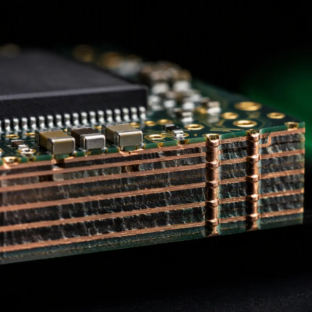 Macro close-up of UAV flight controller PCB showing multilayer stack-up cross-section — alternating copper ground planes and signal layers, decoupling capacitors placed adjacent to microcontroller BGA package, via stitching along board edge, dark green solder mask with gold ENIG pads, precision electronics manufacturing aesthetic