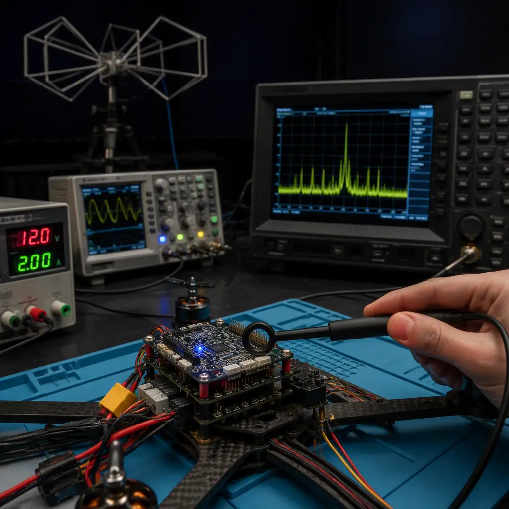 Pre-compliance EMC test bench setup — UAV avionics stack powered on test bench, near-field probes positioned over flight controller PCB, spectrum analyzer displaying emissions trace on screen, biconical antenna on tripod in background, engineering lab environment with dark ambient lighting and green measurement traces