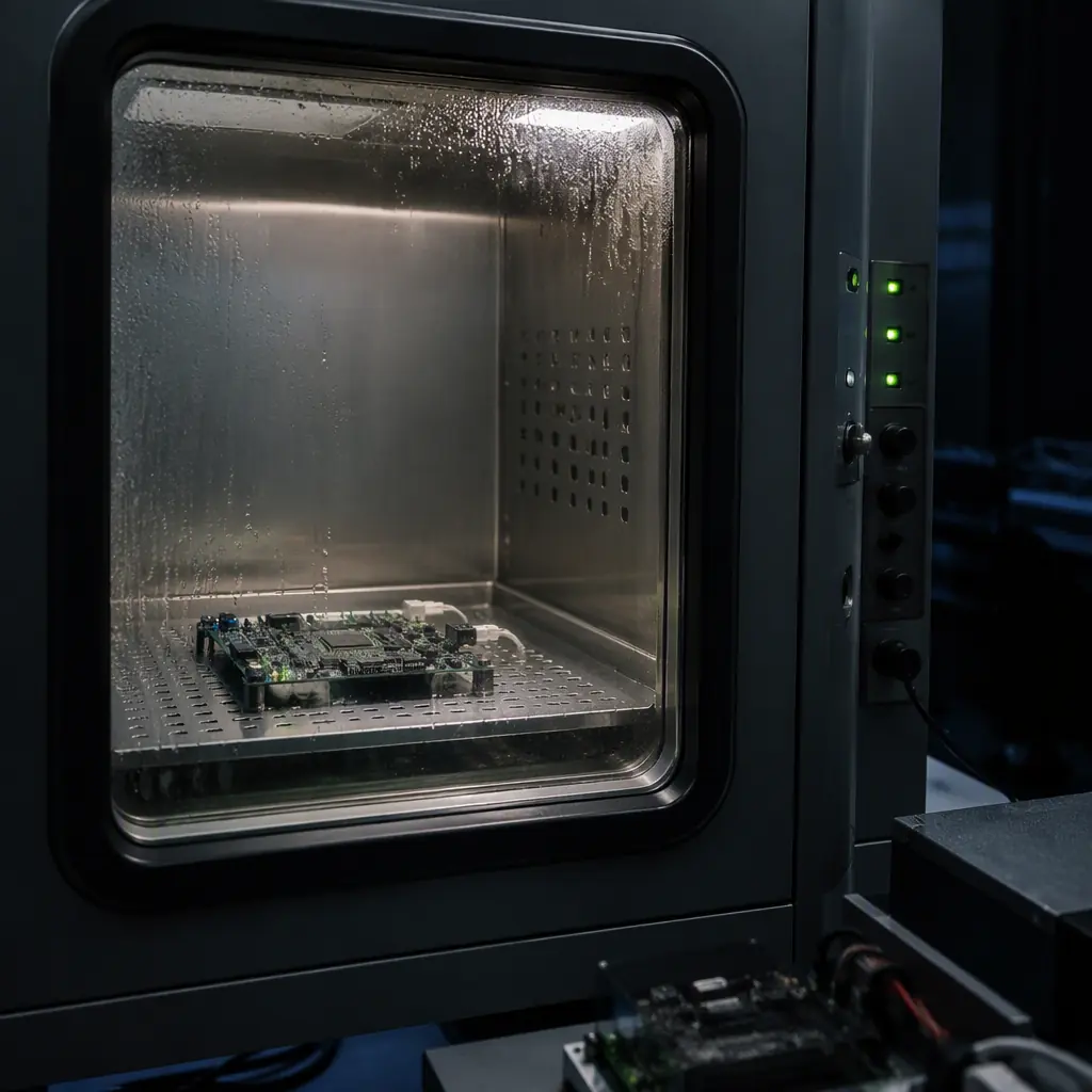 UAV electronics on a test rack inside an open thermal chamber, temperature probes attached to a flight controller, condensation on the chamber window, dark laboratory with green accent lighting, no people faces, no text, no logos