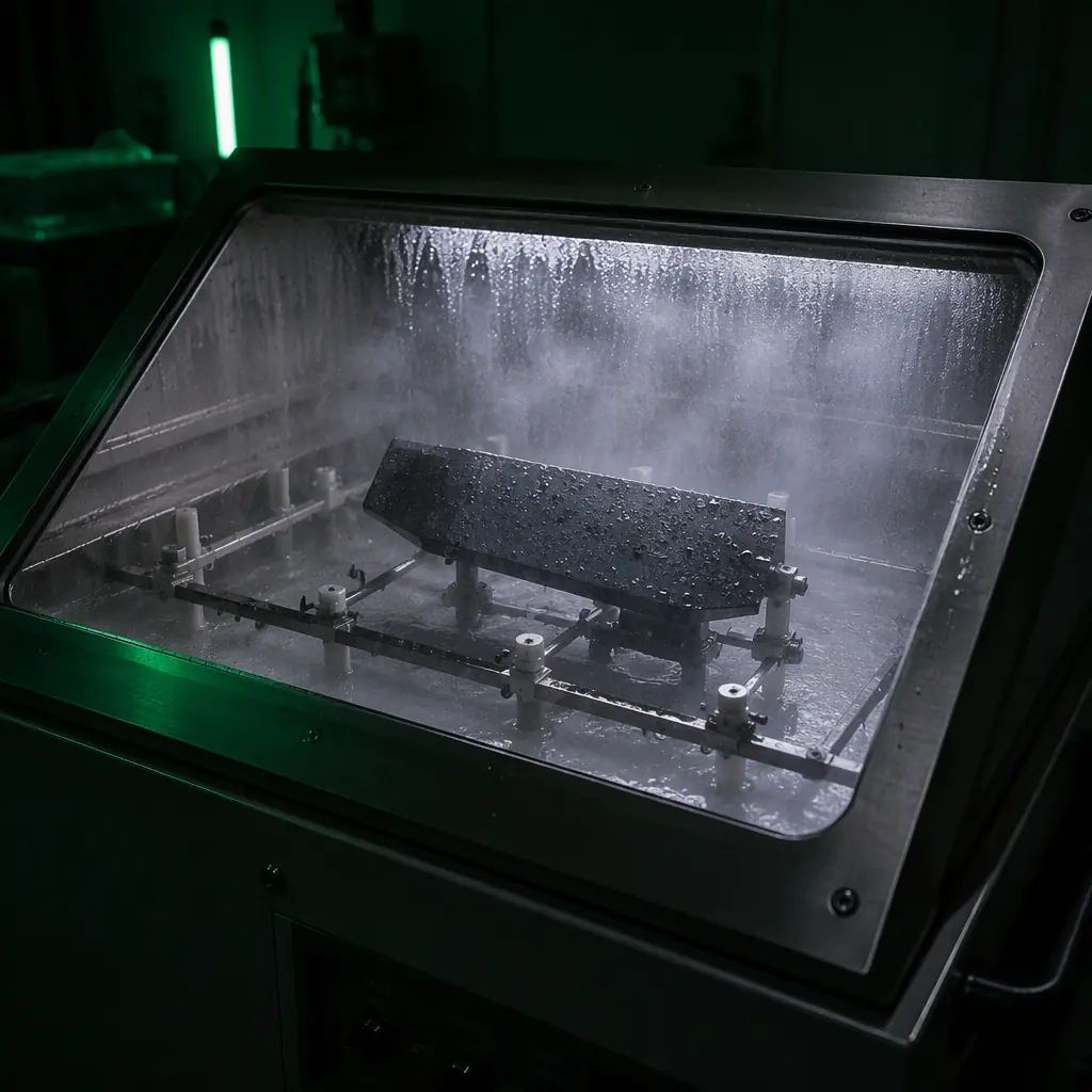 UAV component inside a salt fog test chamber with fine mist and condensation on the viewing window, corrosion test setup in a dark laboratory, green accent lighting, no people faces, no text, no logos