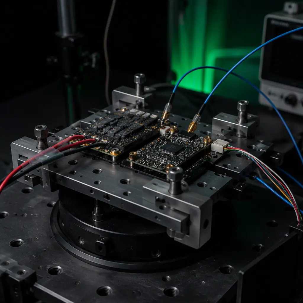 UAV ESC and flight controller mounted on a vibration shaker table with accelerometer sensors attached, test rig in a dark laboratory with green indicator lights, technical precision atmosphere, no people faces, no text, no logos
