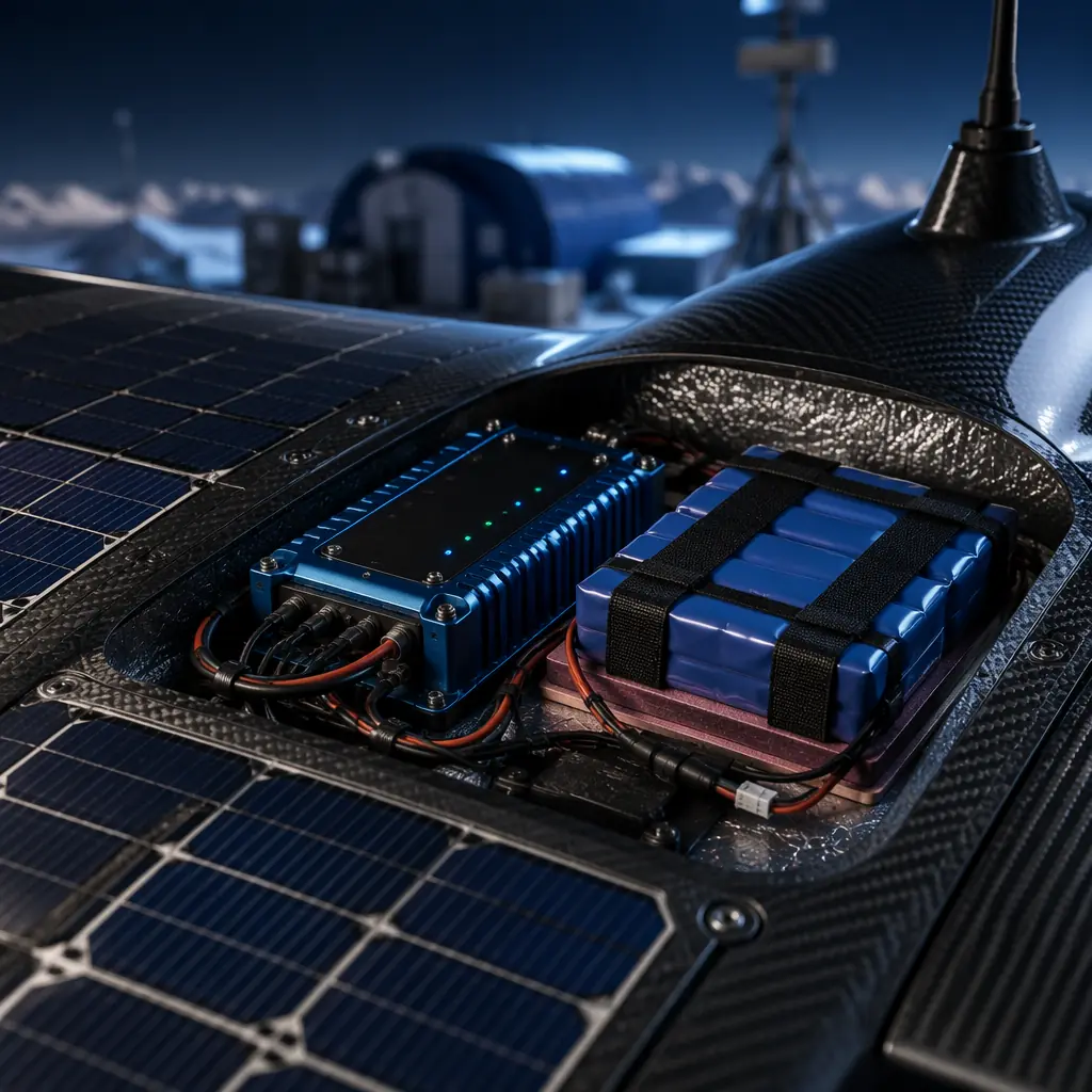 Solar-augmented UAV power system with MPPT charge controller and Li-Ion battery pack in insulated enclosure, alpine research station background