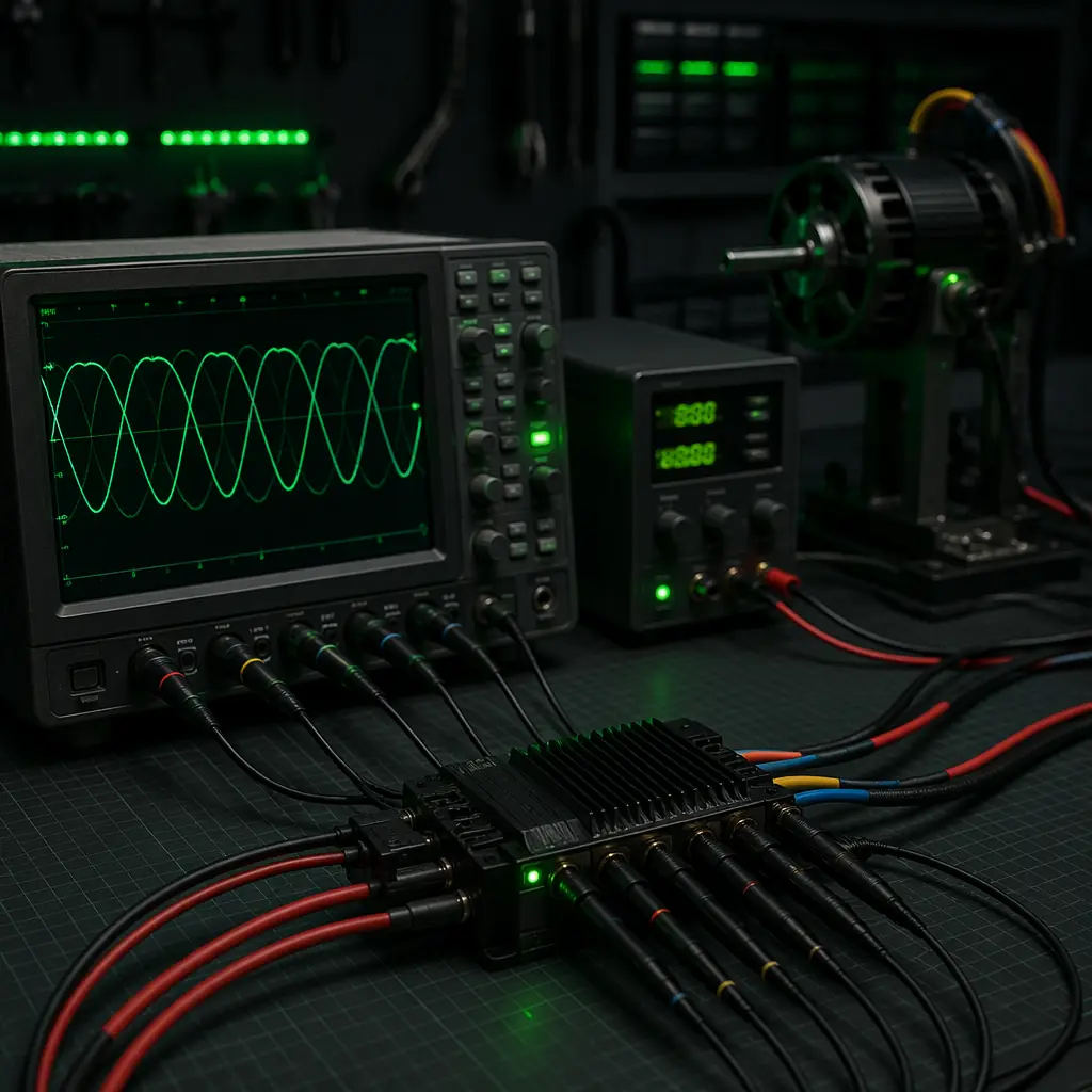 ESC testing bench with oscilloscope probes connected to ESC output phases, capturing commutation waveforms on dark engineering workstation