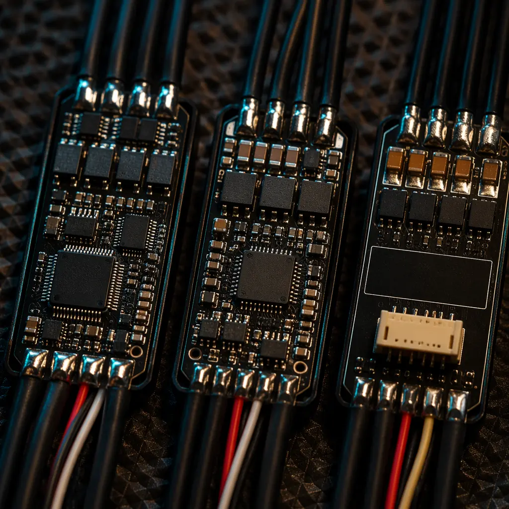 Three electronic speed controllers side by side on dark engineering bench — each representing BLHeli_32, AM32 and FOC architectures with different PCB layouts and MOSFET configurations