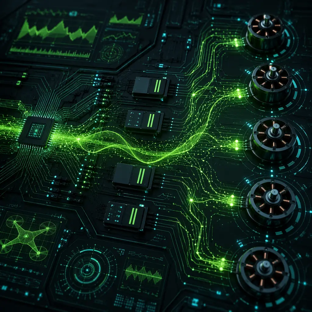 Abstract telemetry data visualization concept — UAV ESC performance metrics displayed as glowing waveforms and digital readouts on dark technical background