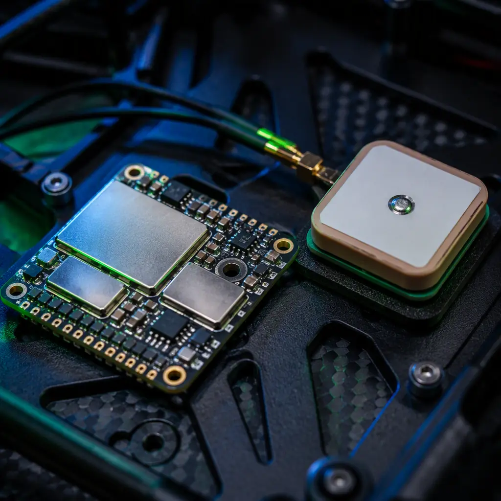 Macro photo of a GNSS module and ceramic patch antenna on a UAV flight deck with RF shield cans and small protection diodes visible, dark engineering background, green accent lighting, no people faces, no text, no logos