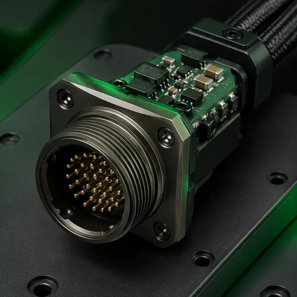 Close-up of a rugged UAV connector port on a dark airframe panel with protection components soldered at the connector tail, macro photography, green accent lighting, no people faces, no text, no logos