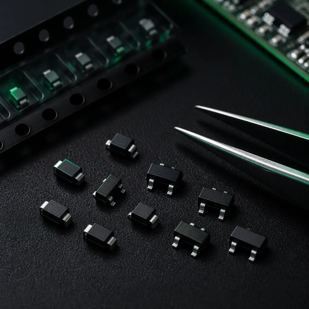 Studio macro shot of small surface-mount TVS diodes and ESD protection components in SOD-323 and SOT-23 packages arranged on a dark anti-static mat with tweezers, green accent lighting, no people faces, no text, no logos