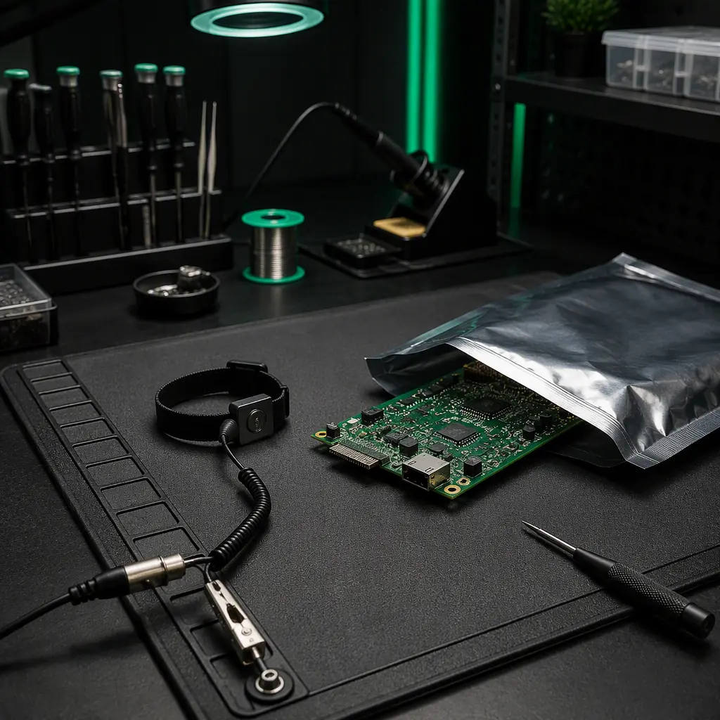 Electronics workbench with an ESD-safe anti-static mat, grounding wrist strap cord clipped to the mat and a circuit board partially inside a silver shielding bag, dark industrial lab, green accent lighting, no people faces, no text, no logos