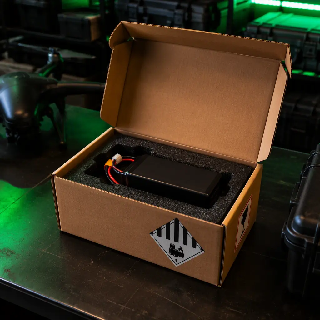 Lithium battery dangerous goods packaging for UAV shipments — LiPo battery pack sealed in a UN-certified box with hazard labels and a fragile sticker, foam insert, dark warehouse bench, green accent lighting, macro product photography, no people faces, no text, no logos