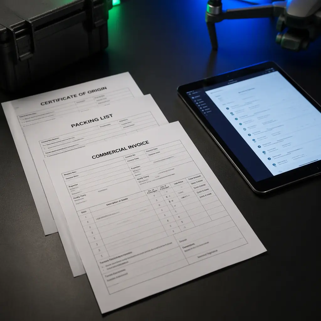 Export compliance documentation stack for drone shipments — printed commercial invoice, packing list and certificate of origin on a dark desk beside a tablet showing a shipment tracking dashboard, green accent light, professional photography, no people faces, no text, no logos
