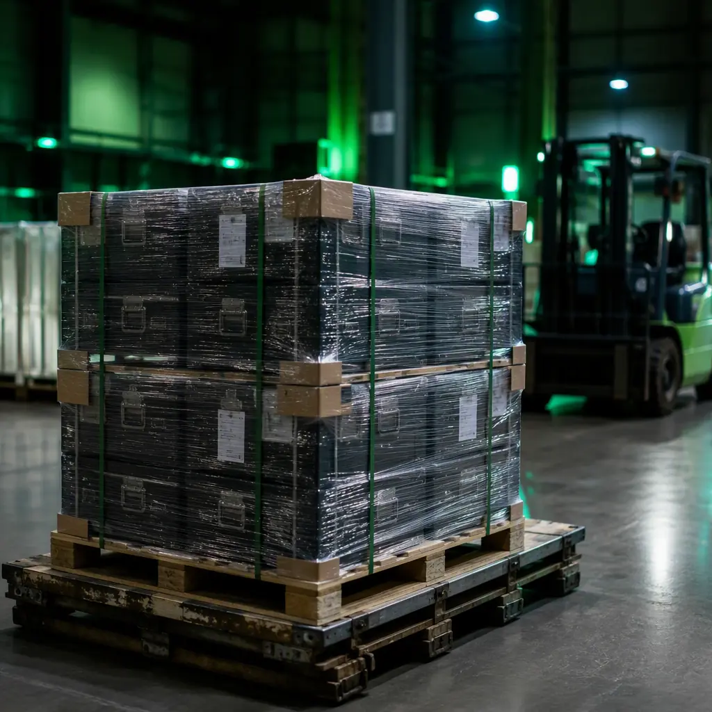 Air freight pallet with UAV component crates — shrink-wrapped export pallets with corner protectors and handling labels in a cargo warehouse, forklift in soft-focus background, dark industrial environment with green accent lighting, professional photography, no people faces, no text, no logos