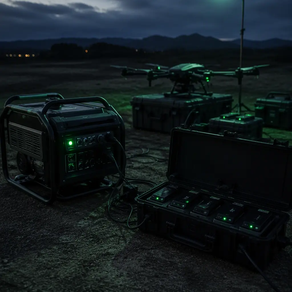 Inverter generator powering a UAV charging station at a field site, cables running to charging cases with battery packs, dark outdoor setting with green accent lighting, no people faces, no text, no logos