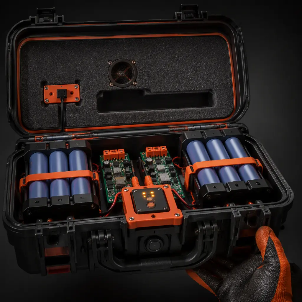Fire-rated charging case with lithium battery packs on parallel charging boards, thermal sensor visible, industrial safety scene with dark background and warning-orange accents, no people faces, no text, no logos