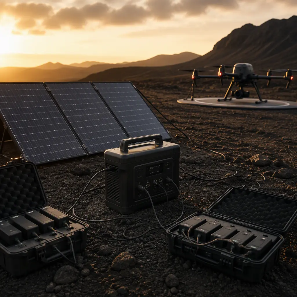 Folding solar panel array charging UAV battery packs through a portable power station at a remote field site, golden hour light, dark terrain with green accents, no people faces, no text, no logos
