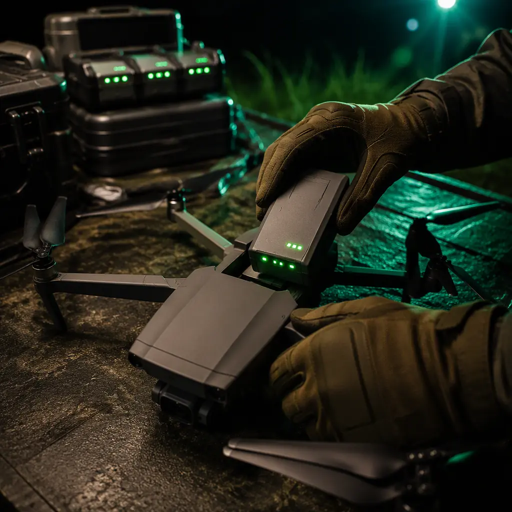 UAV battery swap operation at a field table with a spare pack being inserted into the aircraft battery bay, operator hands gloved, charging cases in the background, dark outdoor scene with green accent lighting, no people faces, no text, no logos