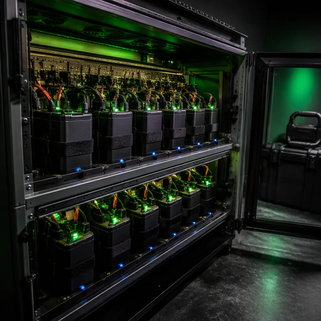 UAV battery charging infrastructure — rows of LiPo battery packs in a parallel charging rack with status LEDs and temperature sensors, fire-containment enclosure, dark workshop environment with green accent lighting, professional photography, no people faces, no text, no logos