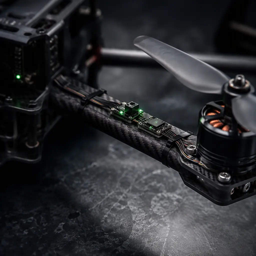 UAV health monitoring sensor stack — small accelerometer and temperature sensor modules on a carbon fiber motor arm, thin sensor wires routed along the arm, dark engineering bench, green LED indicators, macro photography, precision electronics aesthetic, no people faces, no text, no logos