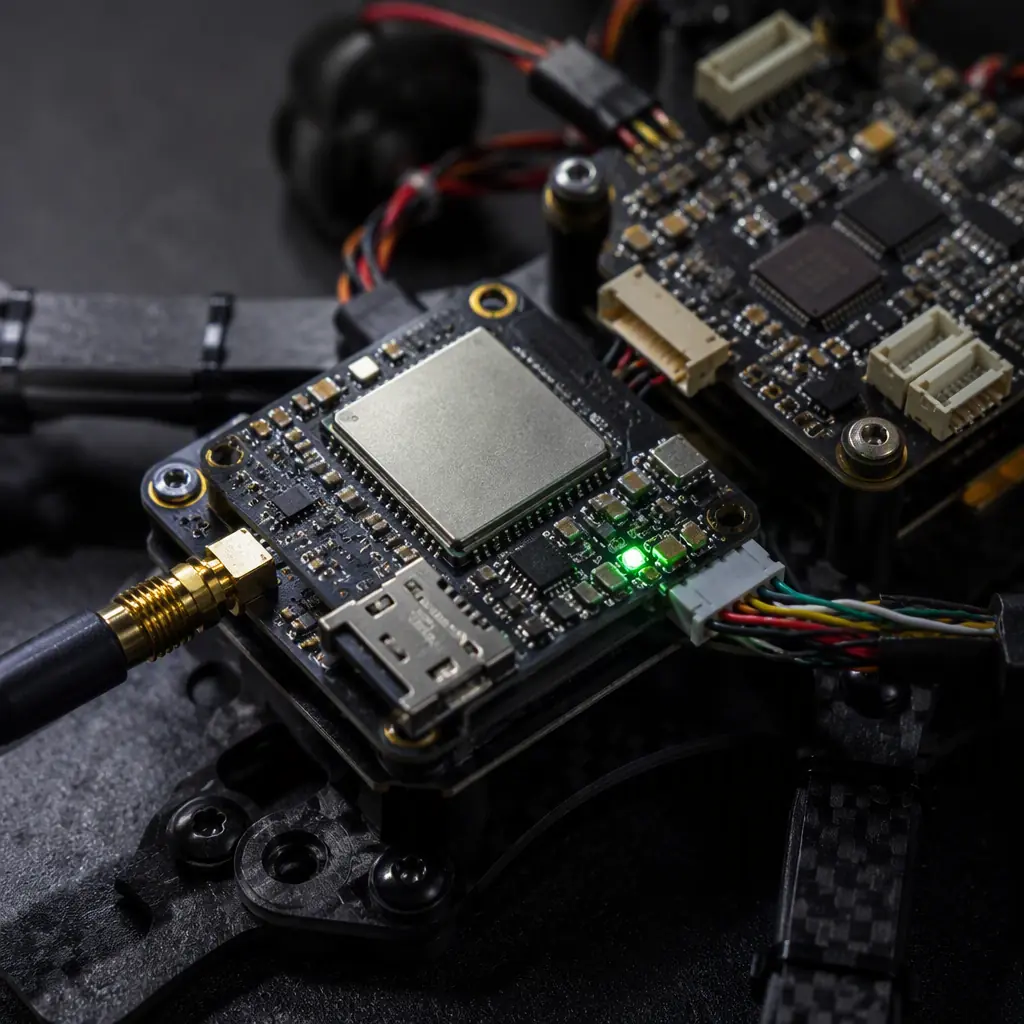 Cellular IoT fleet telemetry module for UAVs — compact PCB with a 4G LTE modem chip, SIM socket, SMA antenna connector and green status LED, mounted beside a flight controller on a dark bench, macro photography, precision electronics aesthetic, no people faces, no text, no logos