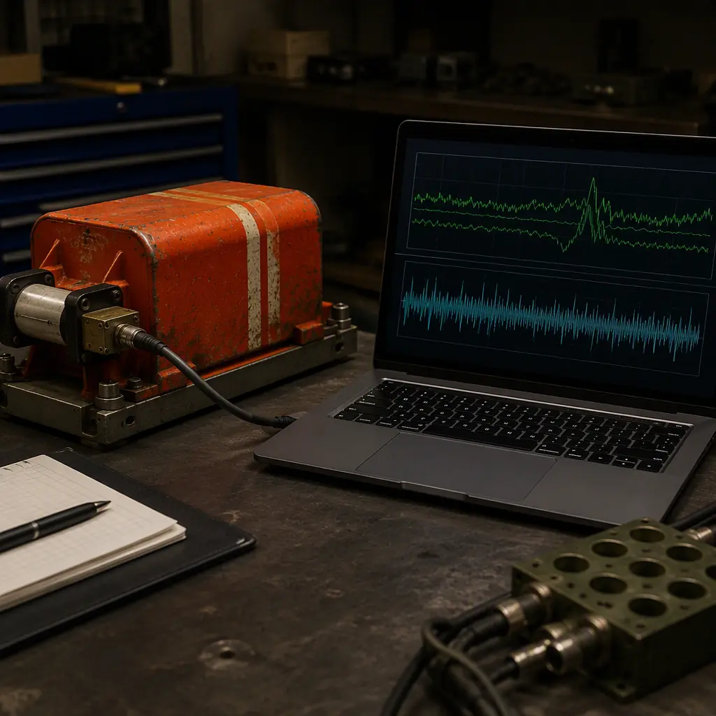 Photograph of an engineer's desk with a rugged flight data recorder connected to a laptop showing abstract waveform plots on a dark screen, workshop environment with green accent lighting, no people faces, no text, no logos