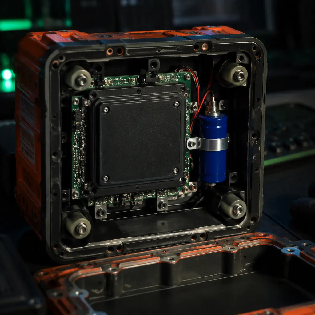 Macro photograph of an open ruggedized flight data recorder module showing a sealed flash storage board, shock-damped mounting and power-loss protection capacitor, dark laboratory bench, green accent lighting, no people faces, no text, no logos