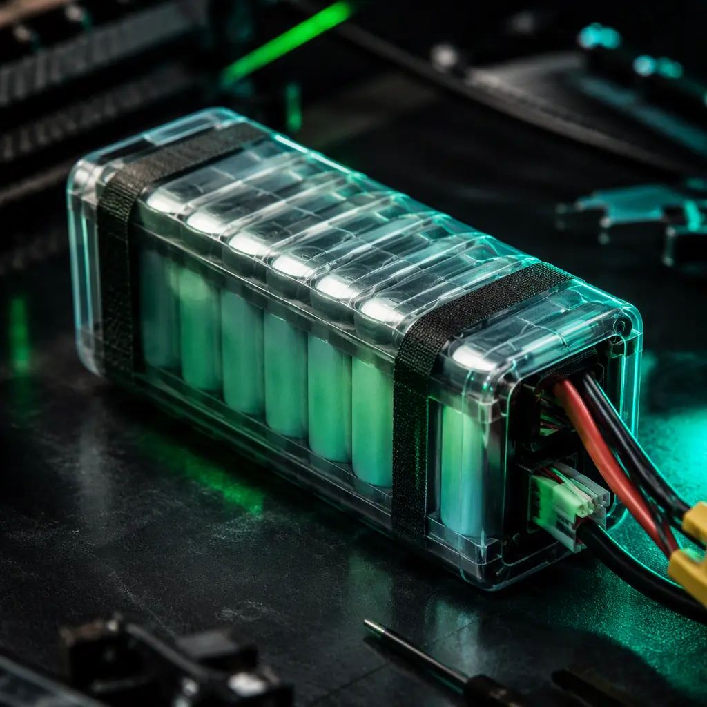 Macro photograph of a Li-Ion UAV battery pack on a dark bench with cell arrangement visible through the translucent wrap, green and teal accent lighting, precision engineering aesthetic, no people faces, no text, no logos