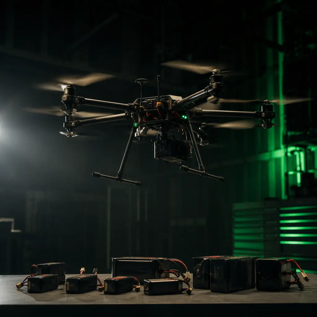 Photorealistic image of a multirotor UAV hovering in a dark hangar with rotor blur, battery packs on the workbench below, dramatic side lighting with green accent glow, no people faces, no text, no logos